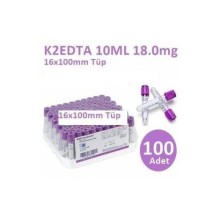 100 Adet Kan Alma Tüpü, Mor Kapak, K2E K2EDTA 10ml 18mg 16x100mm, Bd Vacutainer